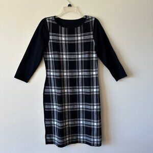 Chaps Black and White Plaid 3/4 Sleeve Midi Sweater Dress
